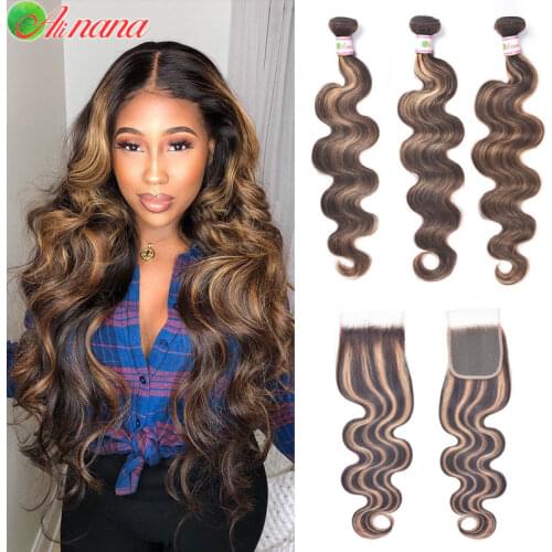 Alinana Highlight Ombre Bundles With Closure Malaysian Body Wave Bundles With Closure Brown Human Hair Bundles With Closure
