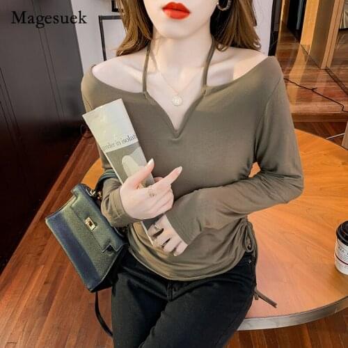Sexy Backless Blouse 2021 Autumn New Solid T-shirt Elegant V-neck Off Shoulder Halter Bandage Long Sleeve Shirt Blsua 16690