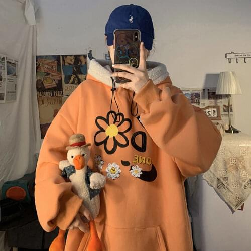 Hoodie Fleece Womens Loose Korean New Cartoon Printed Sweatshirt Casual Coat 2021 New Cartoon Casual Top Ins Winter Couples