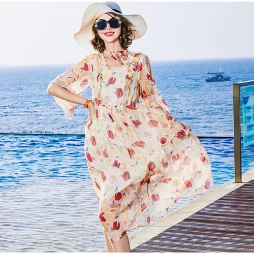 High Quality 100% Silk Spring Summer Dress Floral Midi Dress Woman Korean Casual Dresses for Women 2021 Vestido De Mujer Pph3294