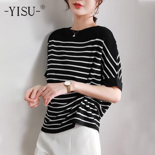 YISU 2021 New Summer Stripe Women Short sleeve T-shirt O-Neck pocket Knitted pullove Women tops Casual Loose Jumper Thin section