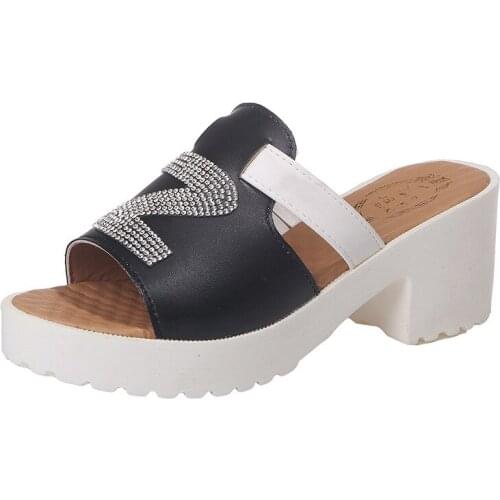 Womens Shoes New 2021 Lady Slippers Fish Mouth Slides Square Heel Platform Slippers Rhinestone Letters Fashion Women Sandals