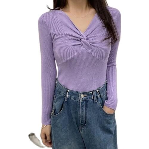 Fashion New Autumn Women Criss-Cross V-Neck Casual Solid Color Long Sleeve pullover Female Elastic slim knitwear sweaters Tops