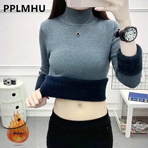 White Basic Fleece Turtleneck Sweater Women Korean Fashion 2021 Winter Warm Knitted Top Elegant Slim Elastic Thicken Pullovers