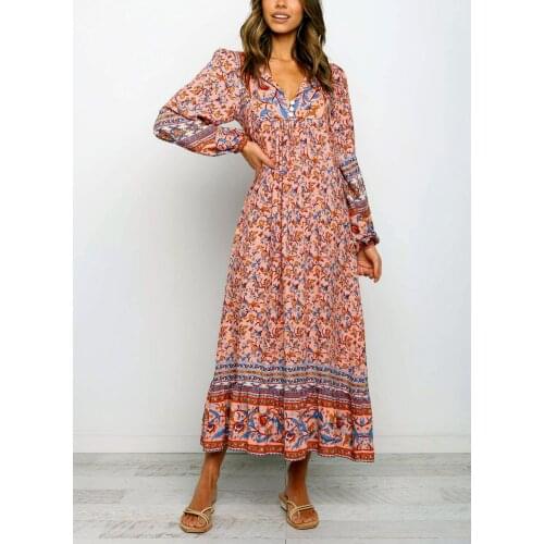 Woman Boho Floral Print Dress Summer Autumn 2020 Casual Beach Dress Long Sleeve Long Dress Vestidos
