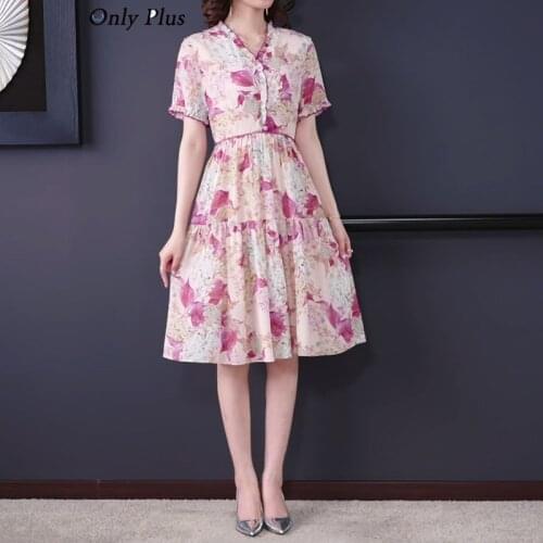 2021 Summer New Style rRuffled V-Neck Slim Silk Printed Dress Bohemian Holiday Style A-LINE Knee-Length Chiffon Elegant Floral