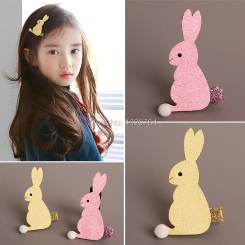 10pcs Fashion Cute Glitter Pom Pom Tail Rabbit Girls Hairpins Solid Kawaii Bunny Hair Clips Princess Headwear Hair Accessories