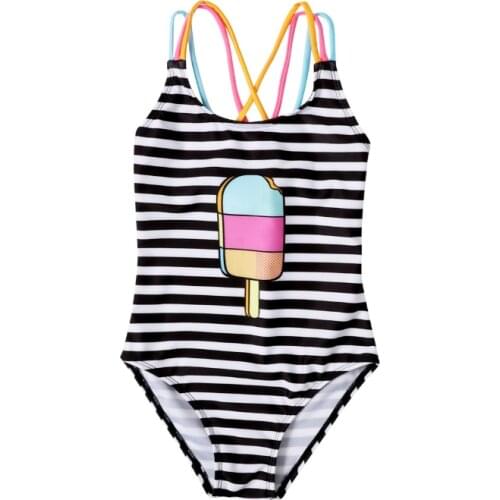 2021 fashionable Children Clothing Striped kids Swimsuit Girls Ice Cream Print Sleeveless Backless Swimwear for Summer for 2-7T