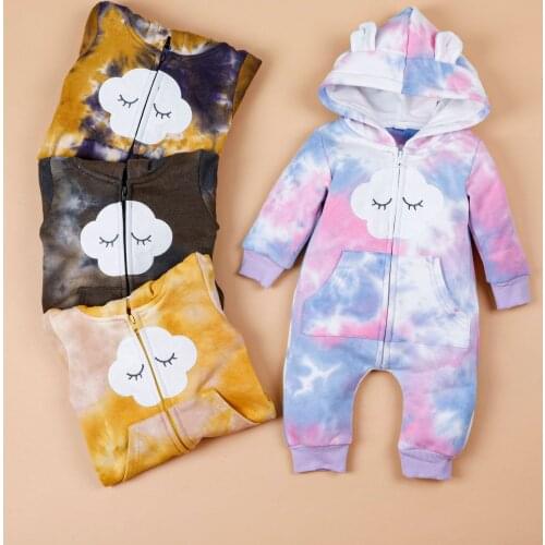 Babys One-piece Suit Newborn Infant Warm Long Sleeve Zip Up Tie-dye Hooded Jumpsuit Rompers for Toddler Boys Girls 0-18M