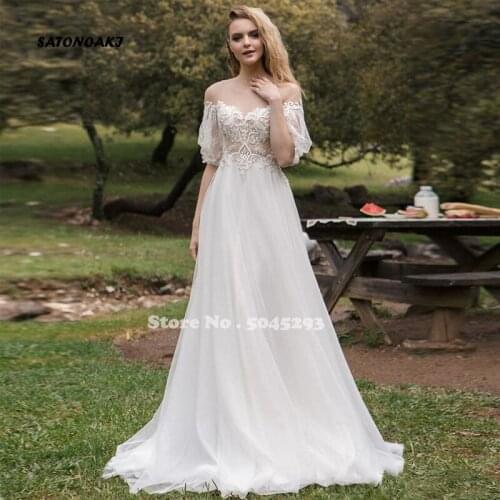 Elegant Boho Wedding Dresses Chiffon Lace Appliques Half Sleeve Backless A-Line Sweep Train Bridal Gowns Robe De Mariée Vestidos