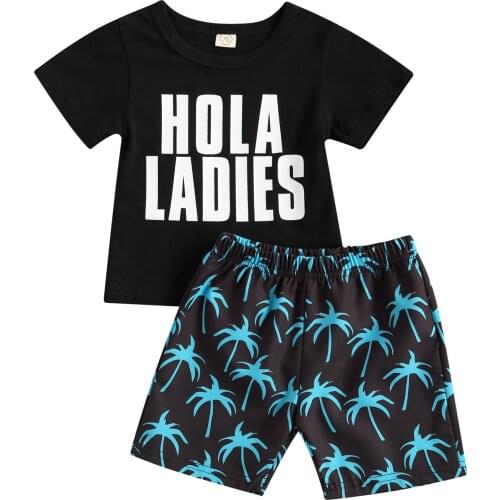 New Boys Two Piece Set, Childrens Round Neck Lettering Short Sleeve Shirt Printed Shorts for Kids