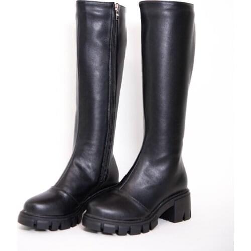 Leather Knee High Boots Women Autumn Winter High Square Heel Lady Platform Shoes G272 Elegant Woman Zipper Black Round Toe Boots