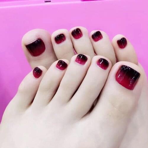 Beautiful red with black gradual pure color false nails for toe short size lady full nail tips cute summer toe nails acrylic
