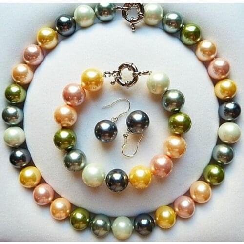 Hot sell new - nice set of 14mm colorful shell pearl necklace bracelet earrings