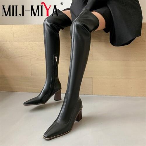 MILI-MIYA Fashion Stretch Microfiber Women Over The Knee Boots Thick Heels Sexy Pointed Toe Solid Color Plus Size 34-43 For Lady