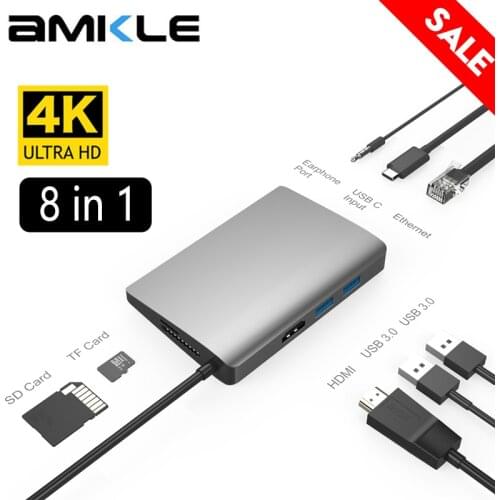 Amkle 9 in 1 USB3.1 Hub Multifunction USB-C Hub with Type-C Video HDMI Gigabit Ethernet Adapter 4K USB 3.0 USB C Type C HUB
