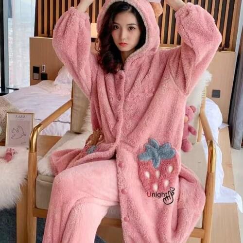 2021 New 2PCS Warm Winter Women Flannel Robe Set Nightgown Thick Coral Fleece Kimono Plus Size 5XL Cute Girls Pajamas Dress