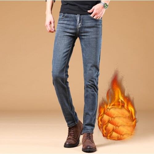 2021 New Winter Thermal Warm Flannel Stretch Mens Winter Quality Famous Fleece Pants Straight Flocking Trousers Denim