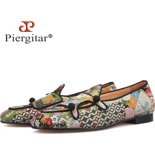 Piergitar multi color jacquard silk double-monk BELGIAN LOAFERS with black buttons handcrafted men smoking slippers plus size