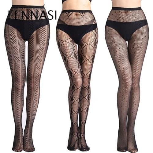 FENNASI Sexy Fishnet Mesh Nylon Womens Tights Black Casual High Waist Slim Erotic Pantyhose Half Grid Womens Printed Pantyhose