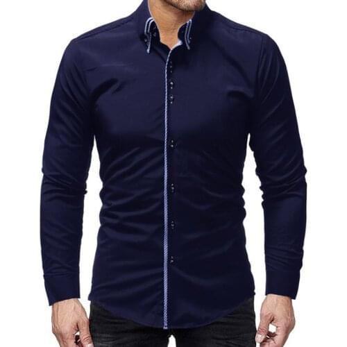 Men Shirts Solid Color Long Sleeve Turn Down Collar Buttons Cotton Slim Business Shirt Mens Clothing рубашка мужская 2021