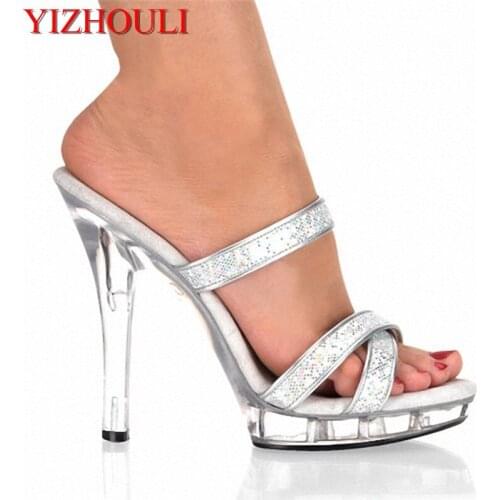 Super thin 13 cm high heel sexy sandals, / star glamour fashion Slippers Silver, Sequins decoration