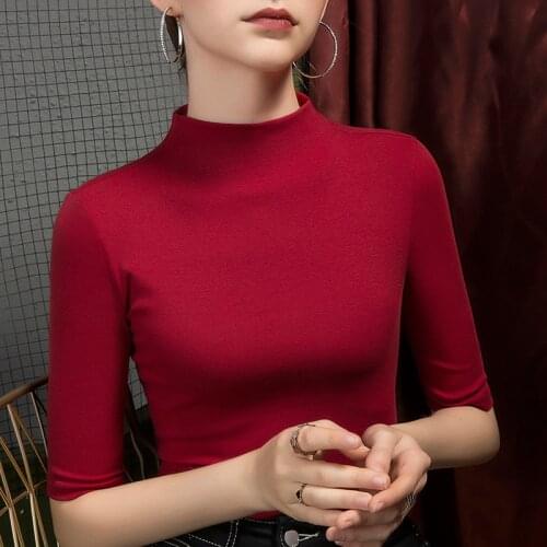 Womens Soft Modal T-shirt Half Sleeve Turtleneck Solid color Lady Basic Shirt For Spring & Autumn Causal Top