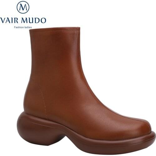 VAIR MUDO Women Ankle Boots Shoes Thick Bottom Round Toe Wedges Brown Black White Concise Solid Autumn Winter Boots WM-X227-C