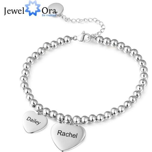 JewelOra Personalized Name Engraved Heart Charms Bracelets Stainless Steel Beads Chain Bracelets for Women Mother Daughter Gifts