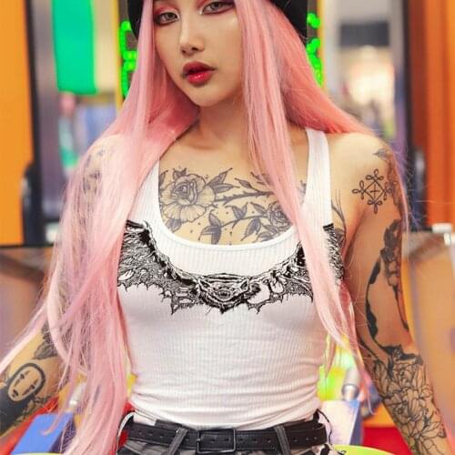 2020 Women Sexy Gothic Punk Style Print White Tank Tops Slim Fit Club Casual Female Crop Tops Streetwear Clubwear Fashion