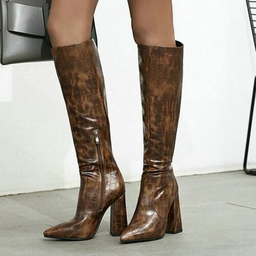 Plus Size 34-43 PU Leather Women Knee High Boots Fashion Pointed Toe Square High Heel Ladies Boots Black Brown Red Women Shoes