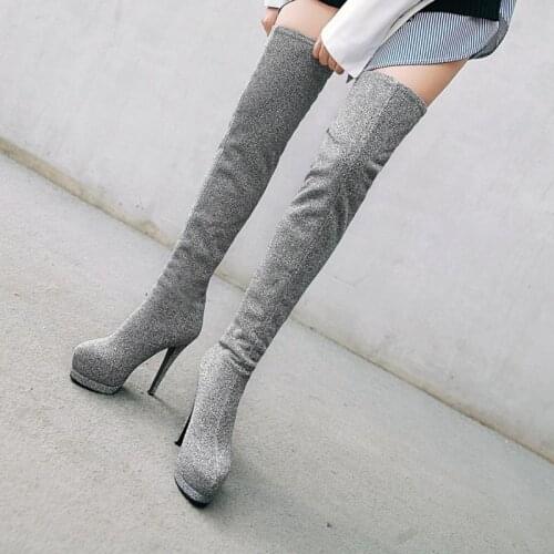 Womens Boots winter new style fashion Stretch Fabric Round head Fine heel High heel Womens Over the knee boots plus size 34-43