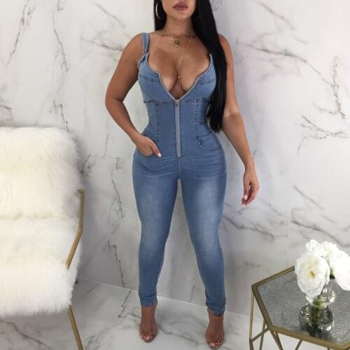 Women Suspender Jumpsuit Spaghetti Strap Denim Jeans Rompers Sleeveless Backless ZIPPER Sexy Dungarees Overalls Slim Night Club