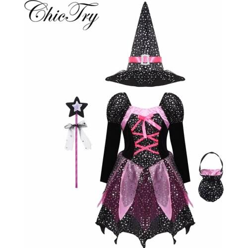 Girls Halloween Witch Costume Outfit Carnival Cosplay Dress with Pointed Hat Wand Candy Bag Set for Role Play Fancy Clothes