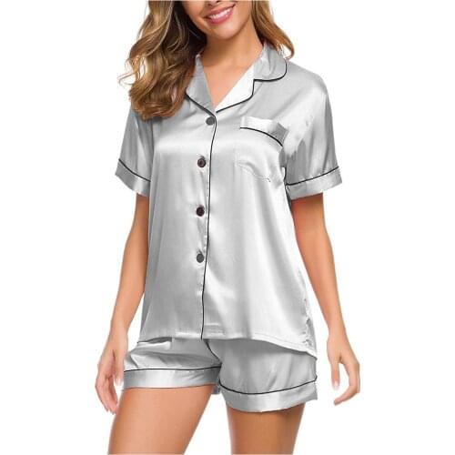 Womens Silk Satin Pajamas Set Two-piece Short Sleeve With Botton Sleepwear Loungewear Button-down Sets Female Sets Summer Spring