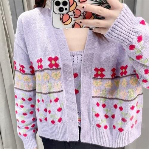 MESTTRAF Women 2021 Fashion New Sweet Cherry Print Open Stitching Knitted Sweater Female Color Match Loose Cardigans Streetwear