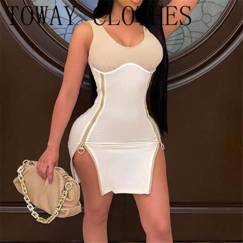 Women U-Neck Sleeveless Colorblock Zipper Decor Slit Bodycon Dress Skinny Chic Sexy Mini Dresses