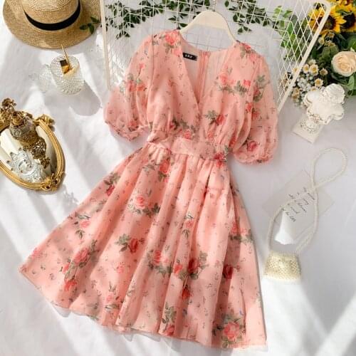 2021 New Summer Women Sexy V-Neck Short Sleeve Slim Mini Dress Sweet Pink Chiffon Floral Dress