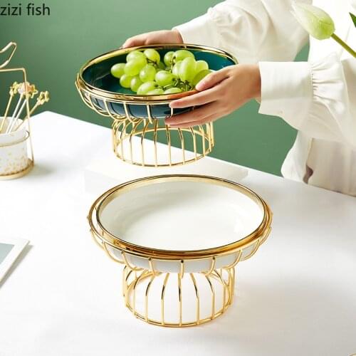Golden Bracket Ceramic Fruit Bowl Food Dishes Dessert Snack Dish Quality Serving Trays Tabletop Plate Tea Saucer Cake Stand