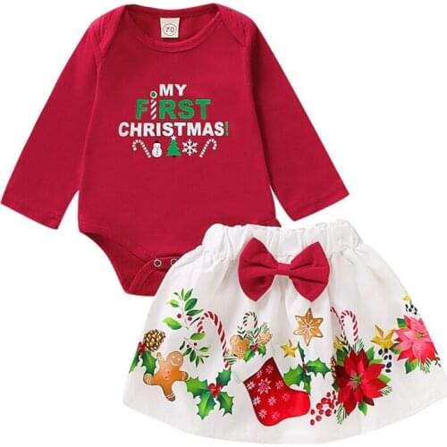 Christmas Newborn Baby Girl Clothes Set Infant Letters Print Long Sleeve Romper T shirt Floral Short Skirts Headband 3PCS Outfit