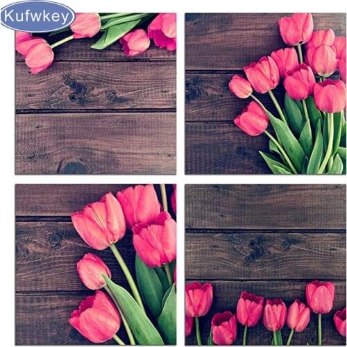 DIY Diamond Embroidery 4pcs Floral Still Life Pink Tulip Flower Diamond Painting Cross Stitch Kit Rhinestones Mosaic Home Decor