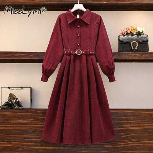 4XL Plus Size Women Vintage Corduroy Dresses Spring 2021 Turn-down Collar Long Sleeve High Waist A-Line Ladies Shirt Dress