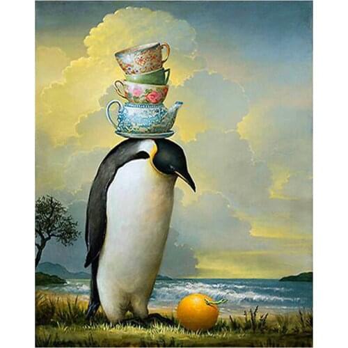 5D DIY Full Round Diamond Painting Penguin & Tea Set & Orange Cross Stitch 3D Embroidery Rhinestone Mosaic Home Decor Art Y1646
