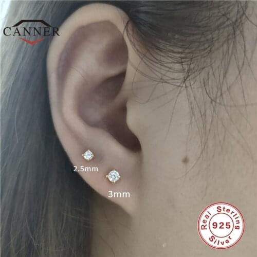 CANNER 2.5/3mm 925 Sterling Silver Mini Stud Earrings for Women Zircon Pierced Simple Small Piercing Screw Earings Jewelry Gifts