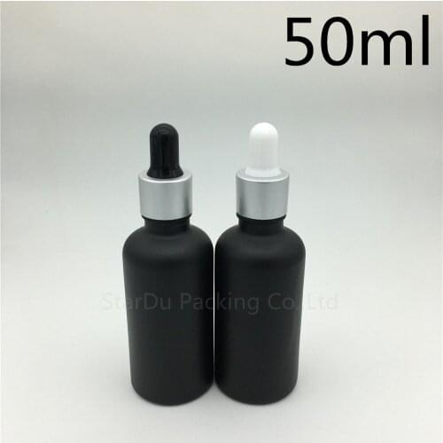 Free shipping 200pcs 50ml black frosted glass essential oil bottle with Sub Silver aluminum ring dropper glass perfume bottle