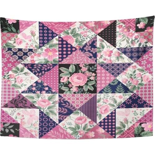 Black Quilt Floral Patchwork Pattern with Roses and Butterflies Colorful Flower Pastel Tapestry Home Decor Wall Hanging