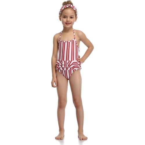 Girls One-piece Striped Swimsuit Summer Sleeveless Striped Pattern Ruffle Halter Swimwear