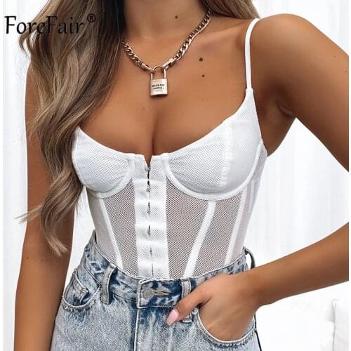 Forefair Staghetti V Neck Mesh Patchwork Corset Top 2021 Summer White Backless Sleeveless Club Women Sexy Crop Tops