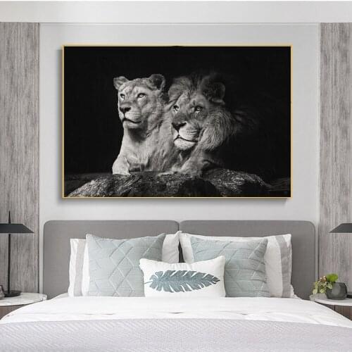 Black and White Lion Couple Canvas Art Posters and Prints African Wild Lions Paintings on the Wall Art Pictures Home Decoration