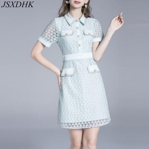 JSXDHK 2021 New Summer Turn Down Collar Lace Dresses Elegant Women Pearl Button Short Sleeve Female Runway Party A Line Dress